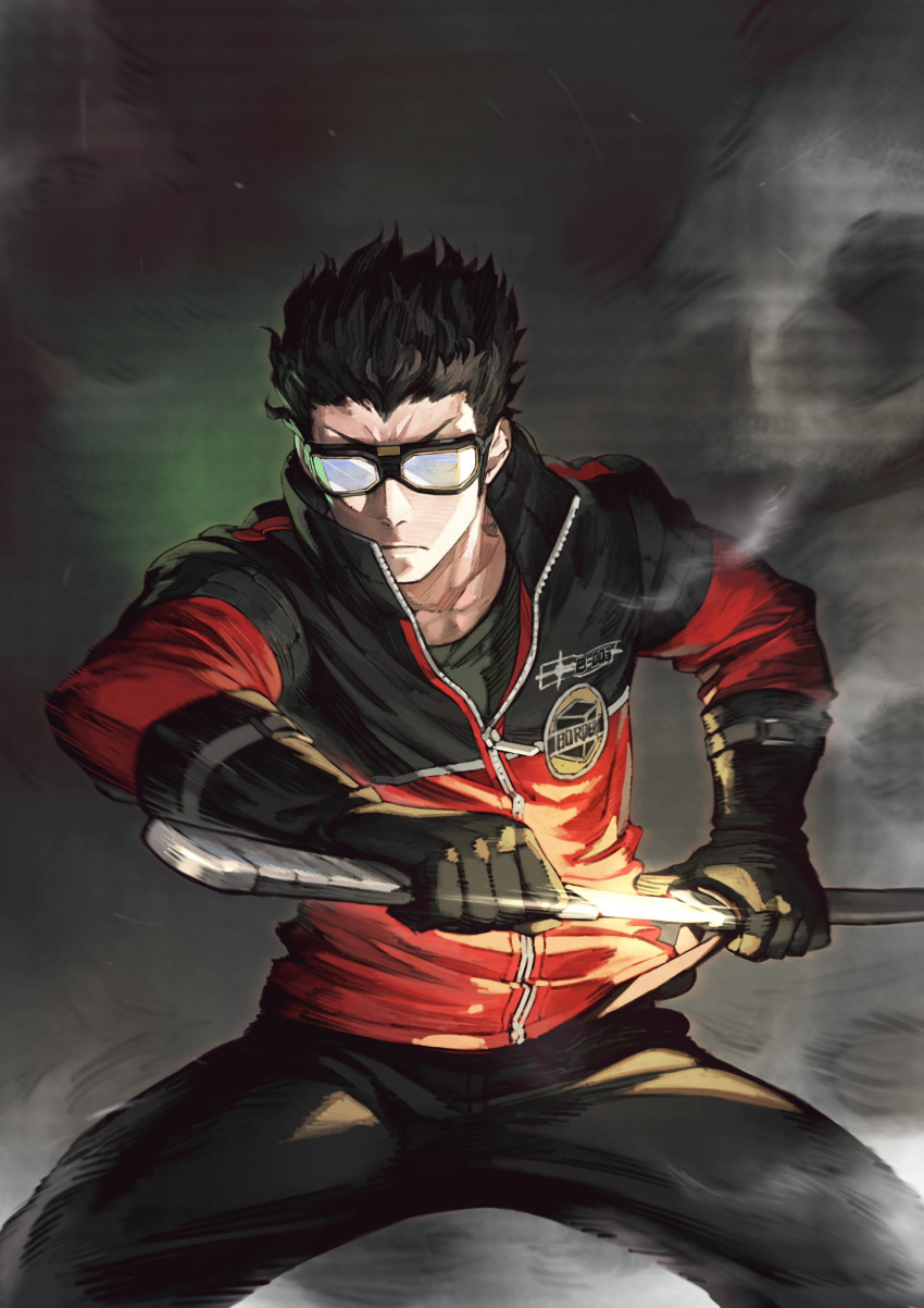 >:(, 1boy, black_gloves, black_hair, black_pants, black_shirt, border_uniform, collarbone, dust, feet_out_of_frame, fighting_stance, glasses, gloves, glowing, glowing_sword, glowing_weapon, goggles, grey_background, hair_slicked_back, high_collar, highres, holding, holding_weapon, ikoma_tatsuhito, incoming_attack, jacket, jun_(seojh1029), legs_apart, long_sleeves, male_focus, opaque_glasses, pants, partially_opaque_glasses, partially_unzipped, scabbard, serious, sheath, shirt, short_hair, sideways_glance, solo, standing, sword, uniform, unsheathing, v-shaped_eyebrows, weapon, world_trigger