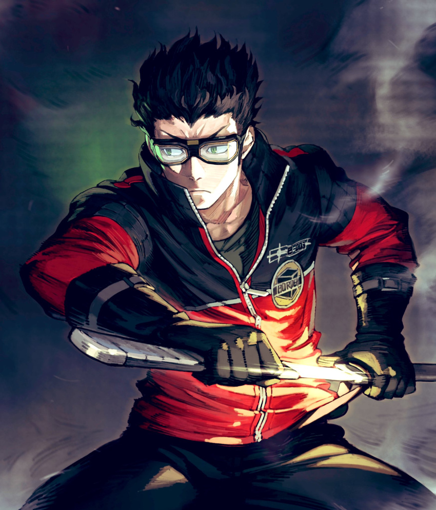 >:(, 1boy, black_gloves, black_hair, black_pants, black_shirt, border_uniform, collarbone, cowboy_shot, dust, fighting_stance, gloves, glowing, glowing_sword, glowing_weapon, goggles, green_eyes, grey_background, hair_slicked_back, high_collar, highres, holding, holding_weapon, ikoma_tatsuhito, incoming_attack, jacket, jun_(seojh1029), legs_apart, long_sleeves, male_focus, pants, partially_unzipped, scabbard, serious, sheath, shirt, short_hair, sideways_glance, solo, standing, sword, uniform, unsheathing, v-shaped_eyebrows, weapon, world_trigger