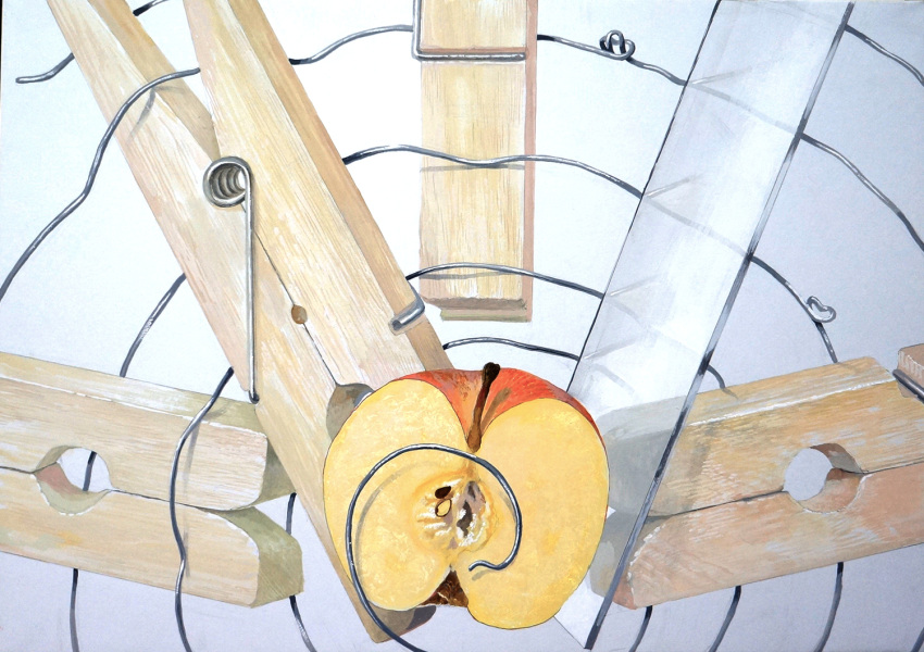 acrylic_paint_(medium), apple, clothes_pin, food, fruit, glass, knot, metal_wire