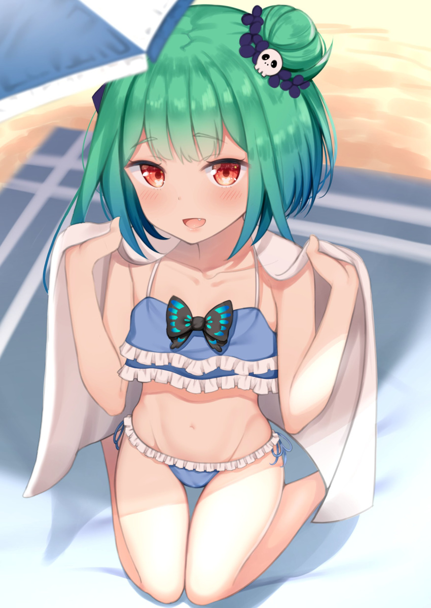 1girl, absurdres, alternate_costume, bangs, beach, beach_towel, beach_umbrella, bikini