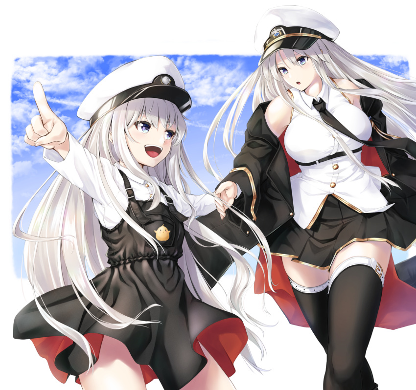 2girls, :d, :o, azur_lane, bangs, bare_shoulders, belt, black_belt