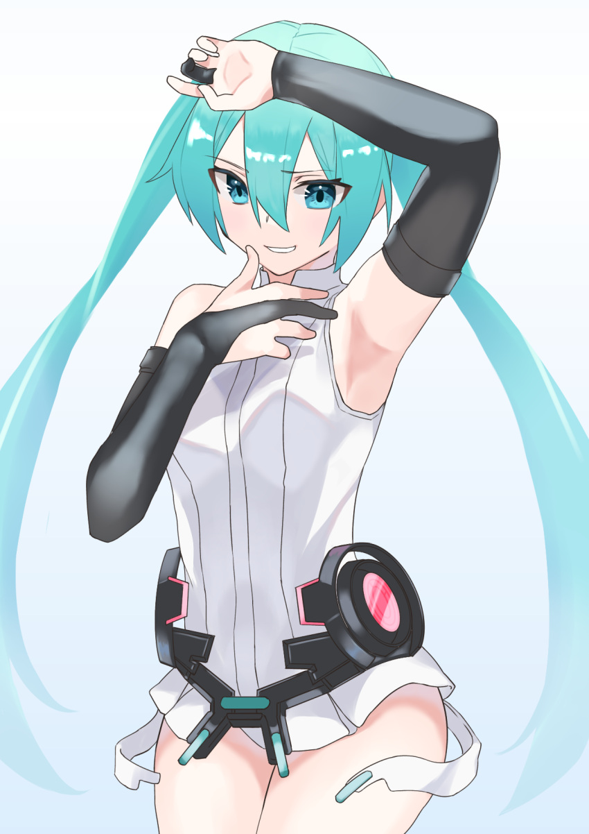 1girl, aqua_eyes, aqua_hair, arm_up, armpits, bare_shoulders, belt, black_gloves