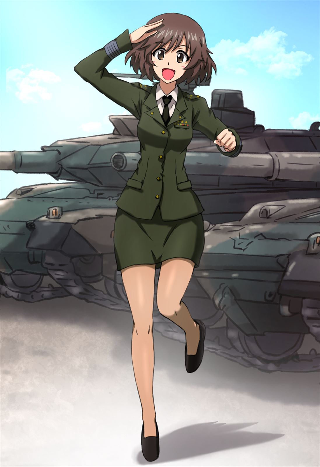 1girl, akiyama_yukari, armored_vehicle, blush, breasts, brown_eyes, brown_hair, caterpillar_tracks