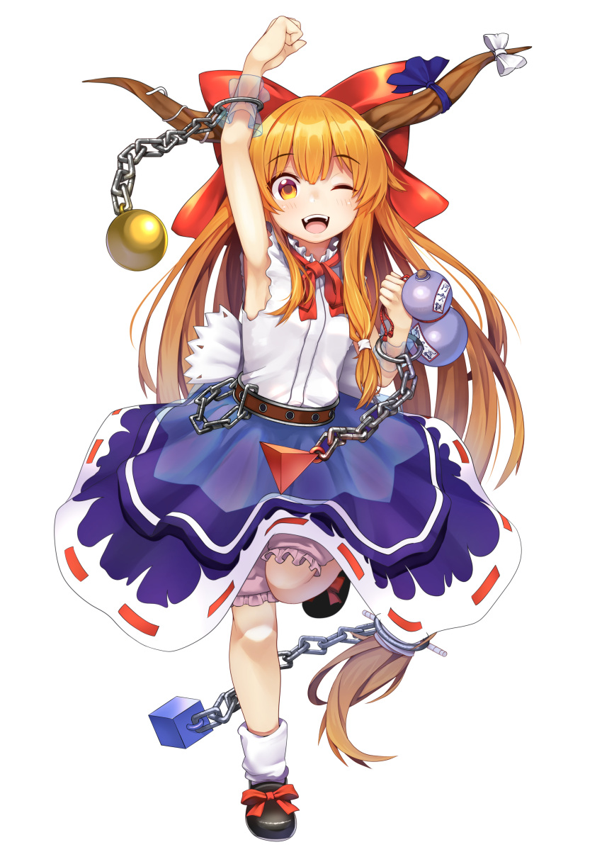 1girl, absurdres, bangs, black_footwear, blue_bow, bottle, bow, chain