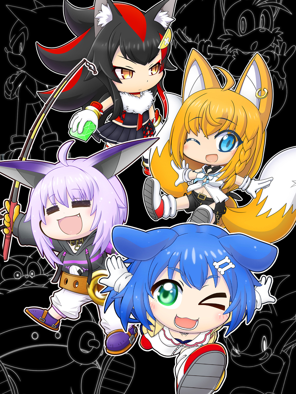 4girls, :3, ;d, =v=, ahoge, alternate_eye_color, alternate_hair_color, animal_ears