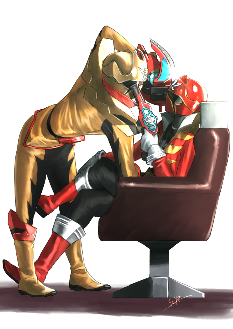 2boys, artist_name, bent_over, chair, commentary, crossed_legs, gokai_red, gun