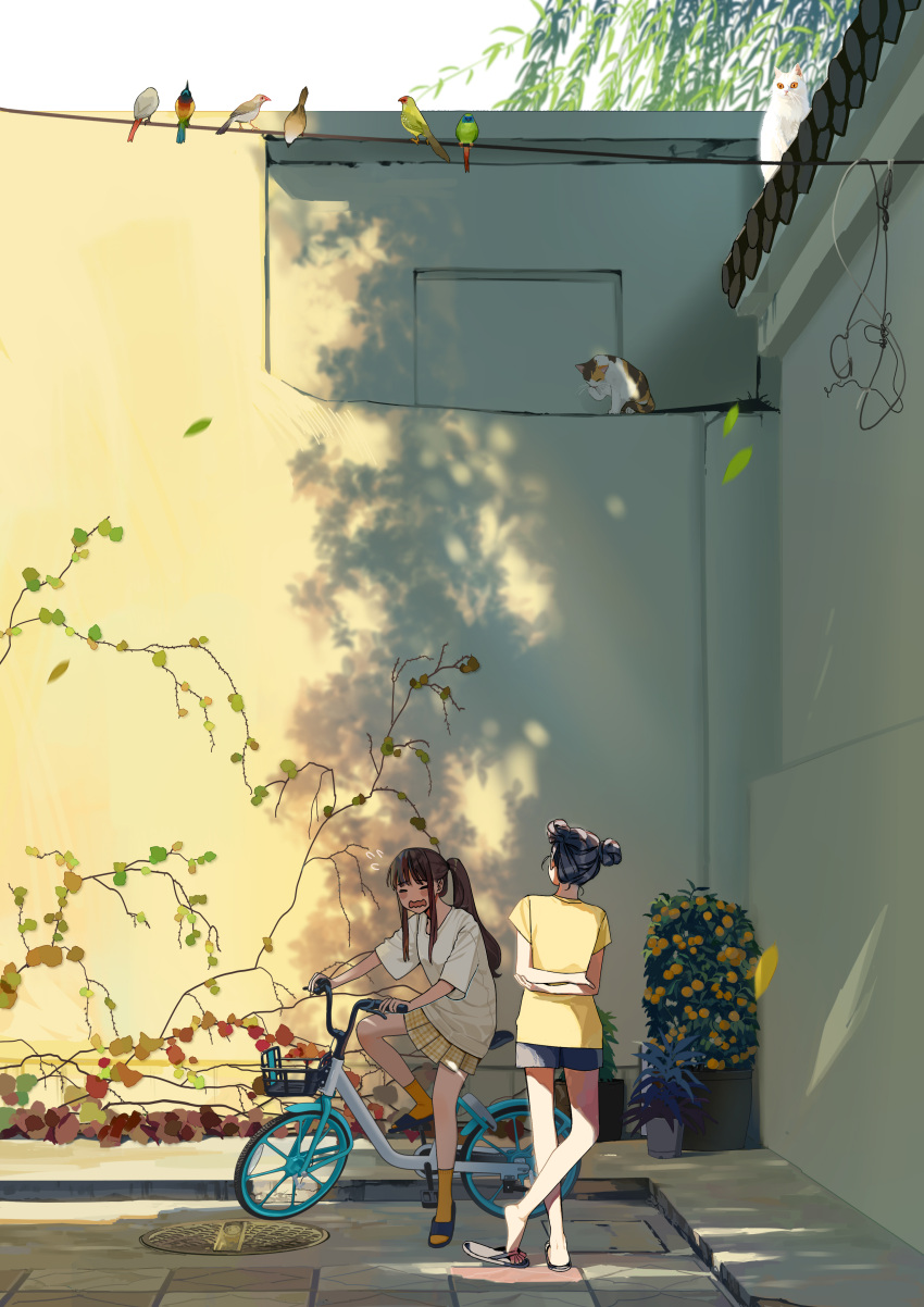 2girls, absurdres, bicycle, bird, black_hair, brown_hair, cat, clothesline, double_bun, flip-flops, flying_sweatdrops, ground_vehicle, guazi, highres, long_hair, miniskirt, multiple_girls, original, ponytail, riding_bicycle, sad, sandals, scenery, short_shorts, shorts, skirt, sunlight, wavy_mouth