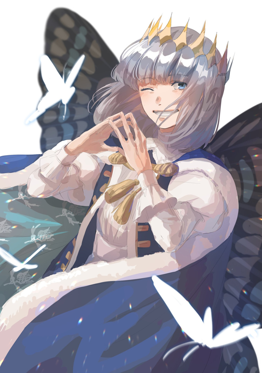 1boy, blue_eyes, bug, butterfly, butterfly_wings, cape, fate/grand_order, fate_(series), fingers_together, grin, highres, hyouki_(gamo835-zard), insect, male_focus, oberon_(fate), one_eye_closed, silver_hair, smile, white_background, wings