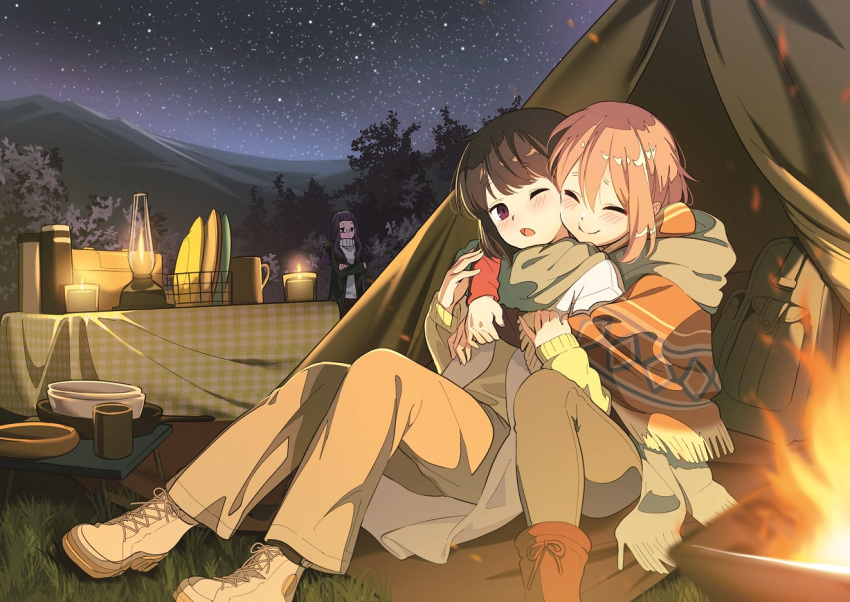3girls, alternate_hair_length, alternate_hairstyle, backpack, bag, blue_hair, boots, brazier