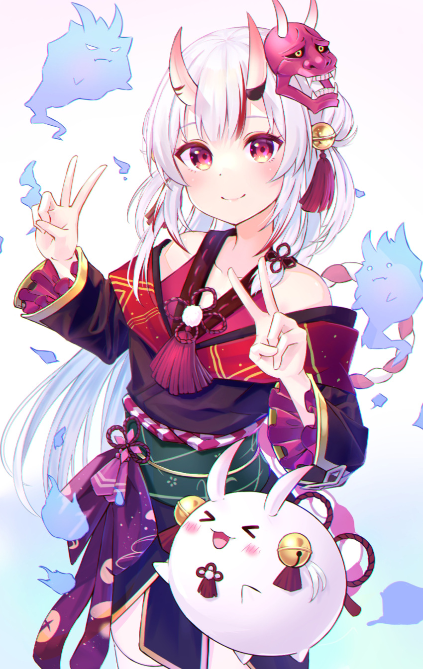 1girl, bare_shoulders, bell, black_kimono, blush, closed_mouth, cowboy_shot, double_bun