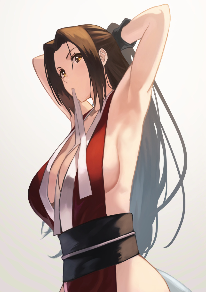 1girl, absurdres, adjusting_hair, armpits, arms_up, bangs, black_gloves, breasts