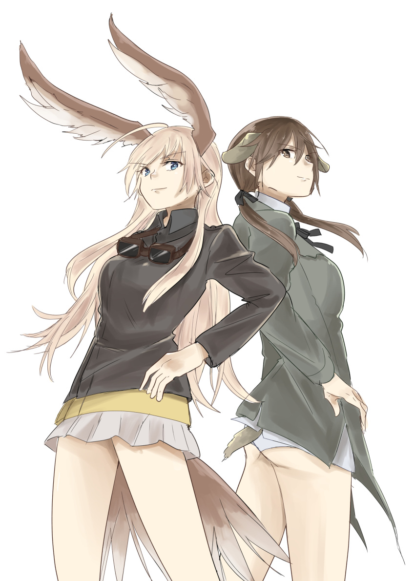 2girls, ahoge, animal_ears, ass, black_ribbon, blonde_hair, blue_eyes, brown_hair