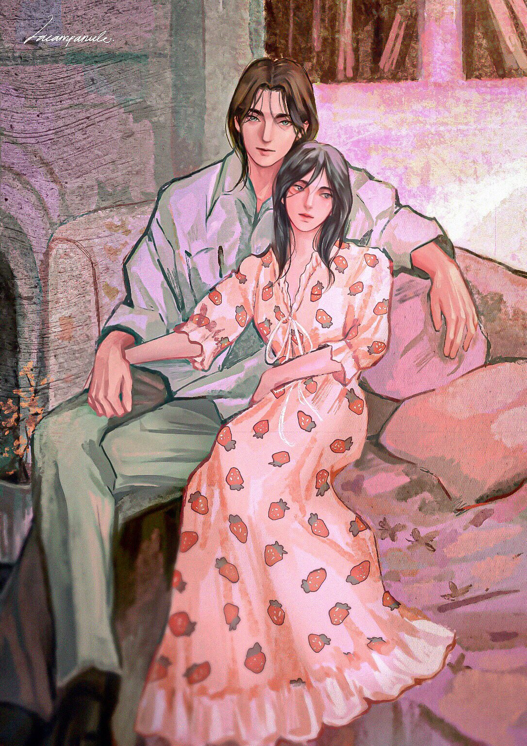 1boy, 1girl, black_hair, brown_hair, collared_shirt, copyright_request, dress, feet_out_of_frame
