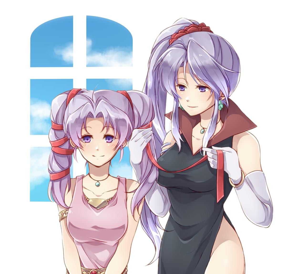 2girls, black_dress, closed_mouth, dress, drill_hair, earrings, elbow_gloves, fire_emblem