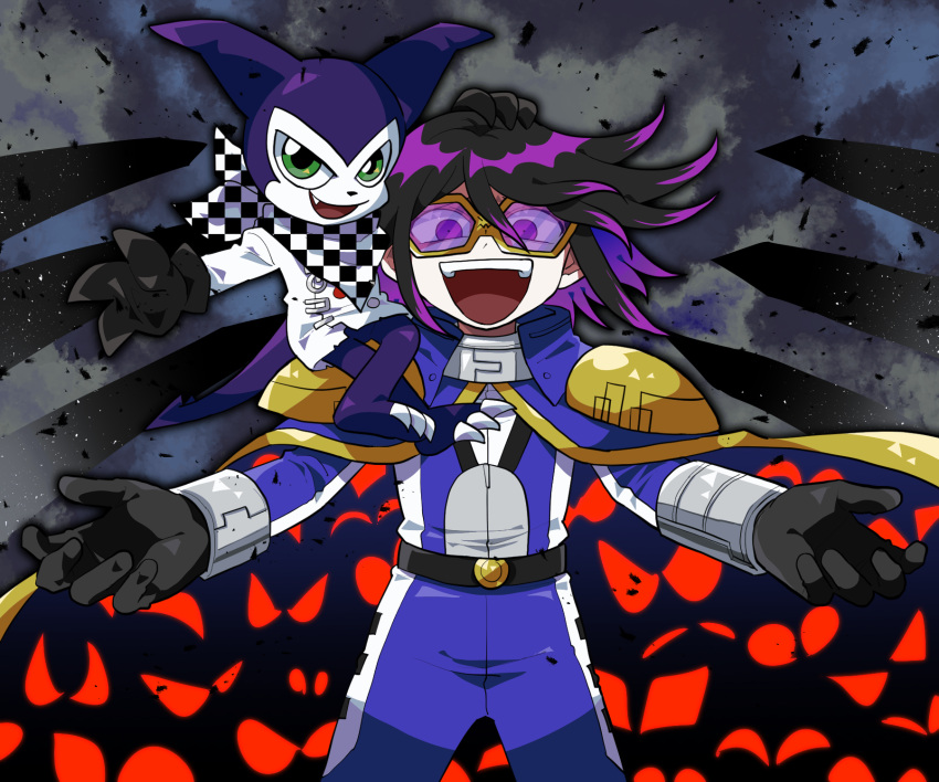 1boy, :d, bangs, black_gloves, black_hair, bodysuit, buttons, cape, checkered, checkered_neckwear, checkered_scarf, claws, commentary, cosplay, cowboy_shot, crazy, dangan_ronpa_(series), dangan_ronpa_v3:_killing_harmony, digimon, digimon_(creature), digimon_adventure_02, digimon_kaiser, digimon_kaiser_(cosplay), double-breasted, english_commentary, fang, furukawa_(yomawari), gloves, green_eyes, hair_between_eyes, hands_up, highres, ichijouji_ken, impmon, jacket, long_sleeves, multicolored, multicolored_background, on_shoulder, open_mouth, ouma_kokichi, ouma_kokichi_(cosplay), pink_hair, purple_bodysuit, scarf, shoulder_plates, smile, sunglasses, tail, upper_teeth, violet_eyes, white_bodysuit, white_jacket