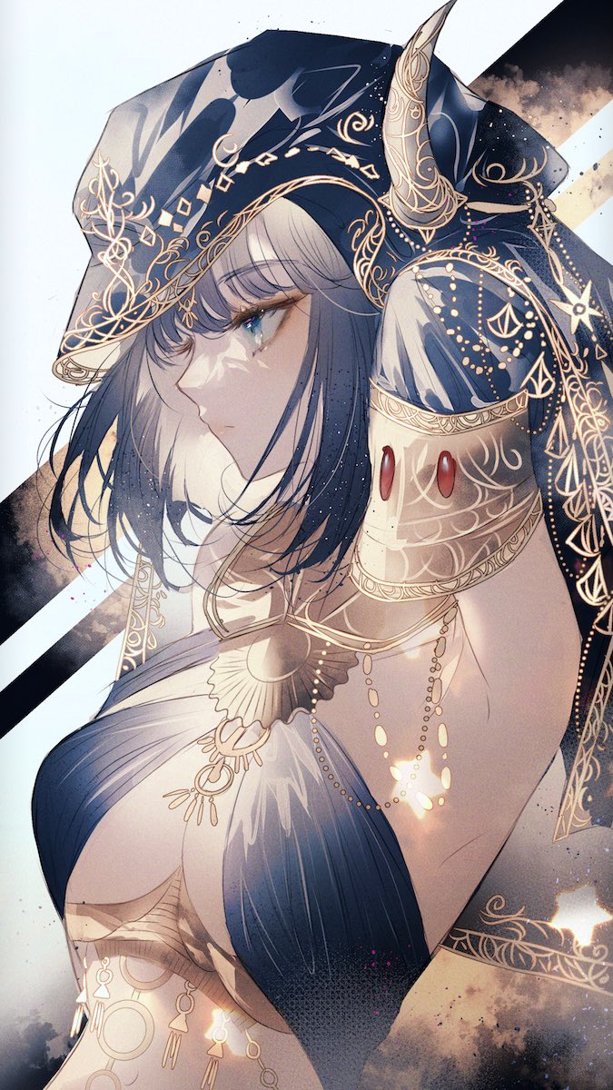 1girl, arabian_clothes, bangs, blue_eyes, blue_hair, blush, breasts, commission