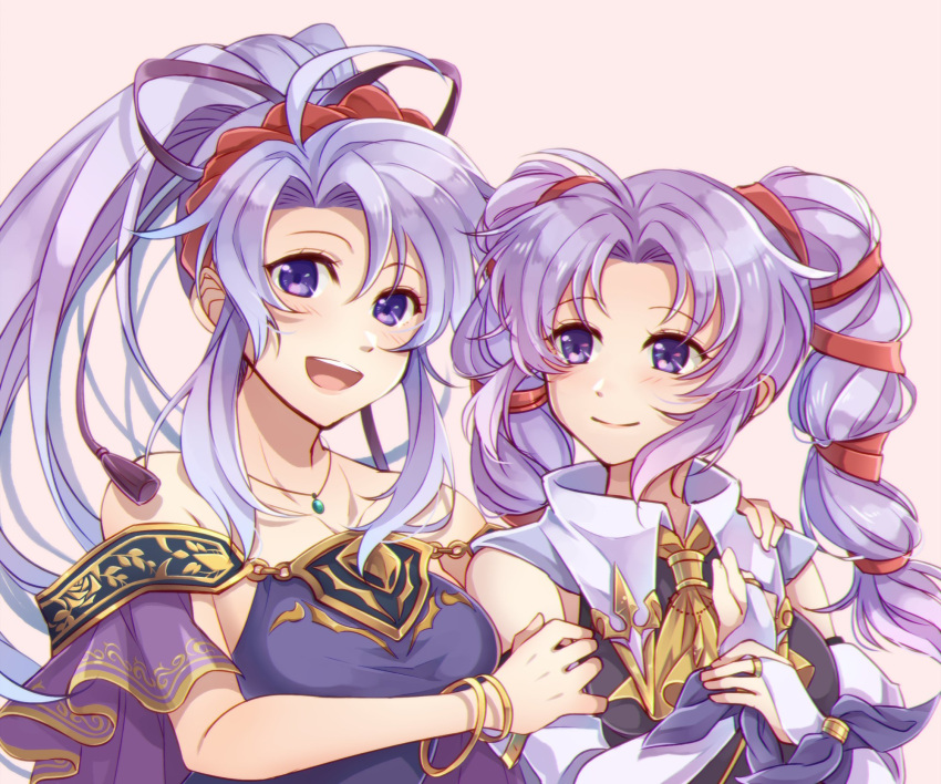 2girls, blush, bracelet, bridal_gauntlets, capelet, drill_hair, fire_emblem, fire_emblem:_genealogy_of_the_holy_war