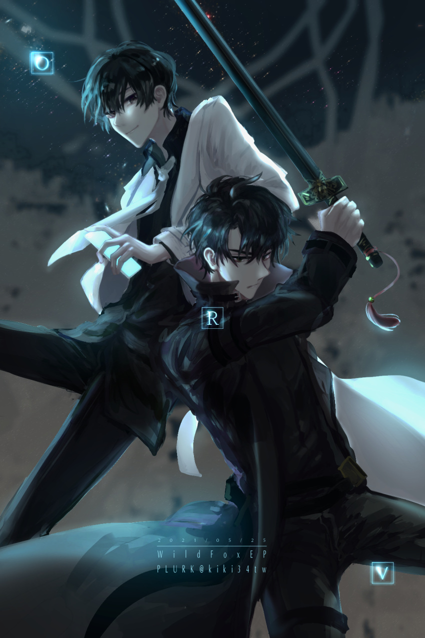 2boys, arm_belt, arm_up, belt, black_hair, black_pants, black_shirt, blurry