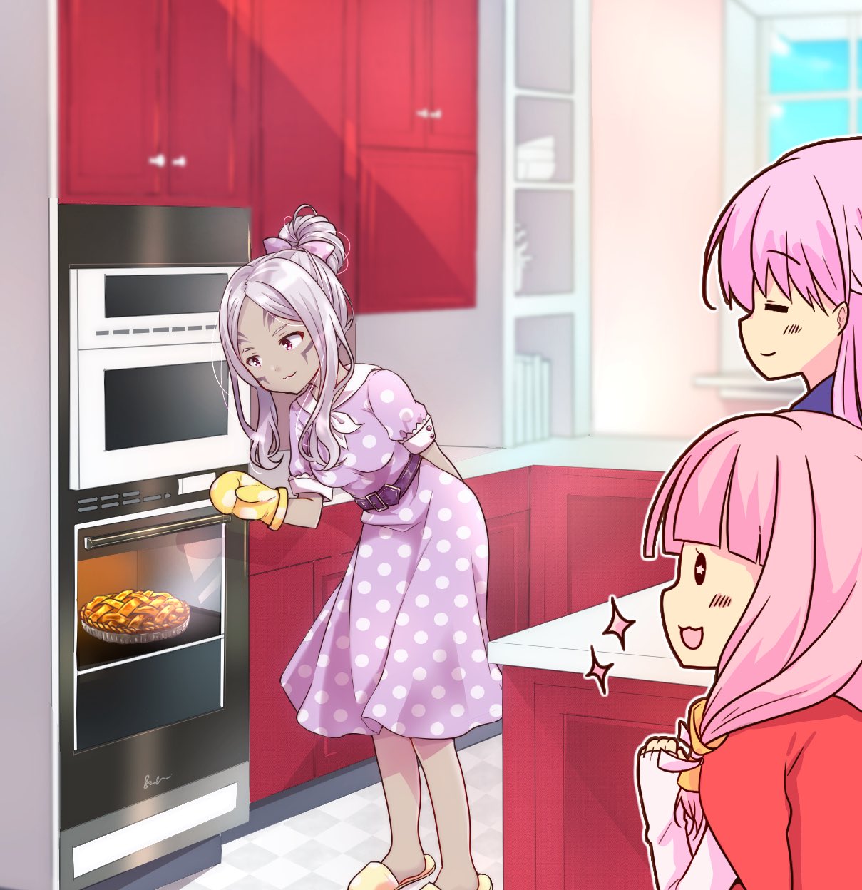 3girls, aversa_(fire_emblem), eyebrows_visible_through_hair, fire_emblem, fire_emblem:_the_binding_blade, fire_emblem_awakening, fire_emblem_fates, food, highres, kitchen, mitama_(fire_emblem), multiple_girls, nanarya, oven, oven_mitts, pie, pink_hair, purple_hair, slippers, sophia_(fire_emblem), star-shaped_pupils, star_(symbol), symbol-shaped_pupils, white_hair