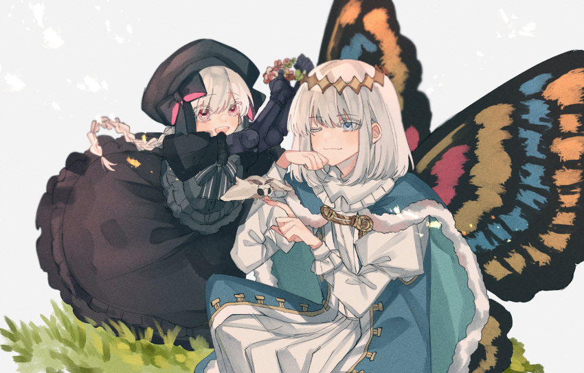 1boy, 1girl, black_dress, black_headwear, black_ribbon, blue_eyes, braid, bug