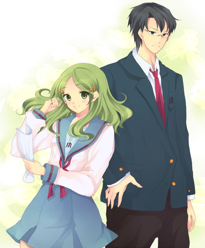 black_hair, glasses, green_eyes, green_hair, hanahubuki1991, kimidori_emiri, long_hair, necktie