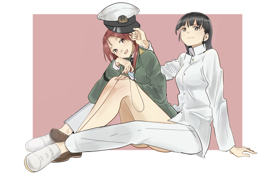 2girls, arm_support, black_hair, border, brown_eyes, brown_footwear, eyepatch, eyepatch_removed