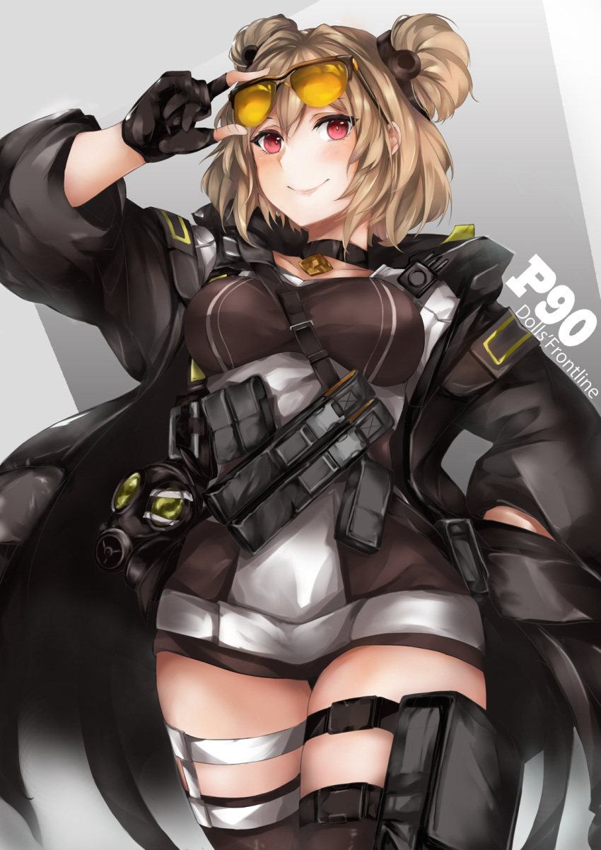1girl, choker, commission, double_bun, gas_mask, girls_frontline, highres, light_brown_hair