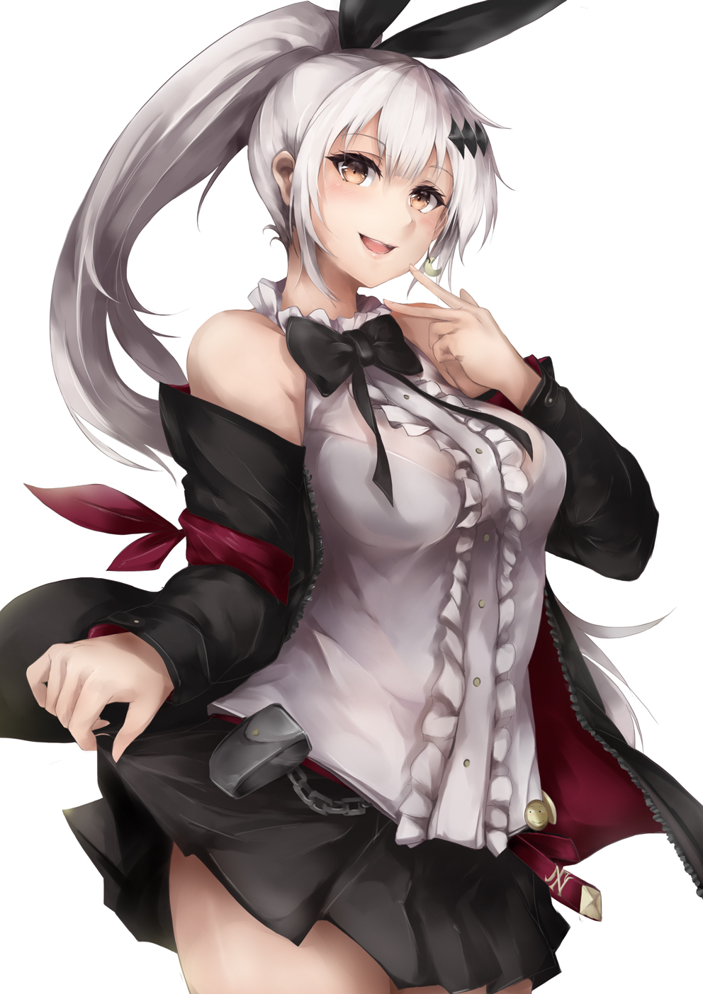 1girl, breasts, clothes_lift, five-seven_(girls_frontline), girls_frontline, high_ponytail, highres, light_brown_eyes