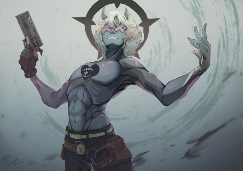 1boy, belt, blonde_hair, blue_skin, colored_skin, guilty_gear, guilty_gear_strive, gun