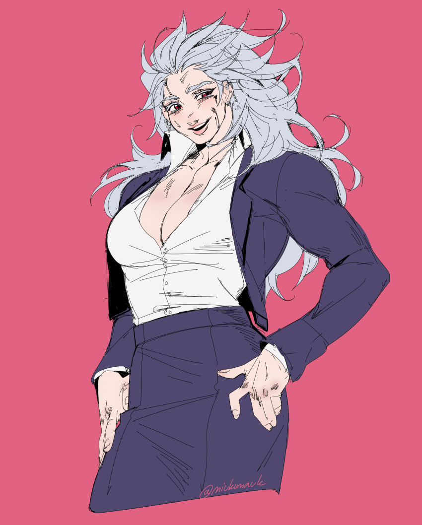1girl, abs, breasts, dorohedoro, earrings, formal, highres, jewelry, large_breasts, long_hair, looking_at_viewer, miukumauk, muscular, muscular_female, necktie, noi_(dorohedoro), red_eyes, simple_background, smile, solo, suit, white_hair