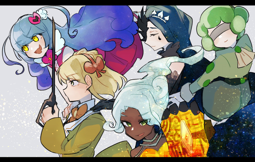 5girls, ascot, blindfold, blonde_hair, blue_hair, bow, closed_eyes, closed_mouth