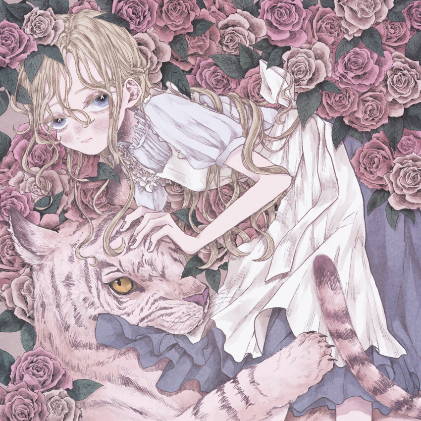 1girl, blue_eyes, blush, colored_sclera, dress, feet_out_of_frame, flower, highres