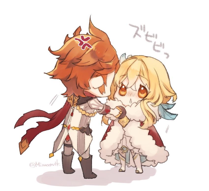 1boy, 1girl, ahoge, anger_vein, bangs, blonde_hair, blush, boots, chibi, coat, dress, feather_hair_ornament, feathers, flower, fur-trimmed_jacket, fur_trim, genshin_impact, hair_flower, hair_ornament, highres, jacket, lumine_(genshin_impact), mimoontk, short_hair, simple_background, tartaglia_(genshin_impact), white_background, white_coat, white_dress, white_legwear, yellow_eyes