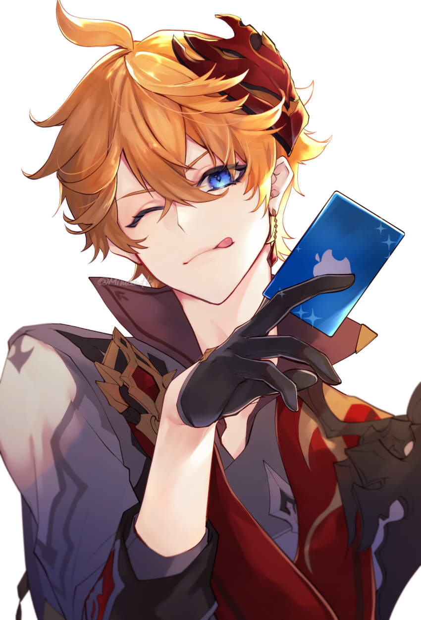 1boy, ahoge, blue_eyes, card, collared_jacket, earrings, genshin_impact, gloves