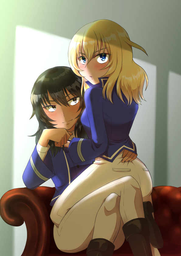 2girls, adapted_uniform, andou_(girls_und_panzer), arm_around_waist, armchair, bangs, bc_freedom_military_uniform, black_footwear