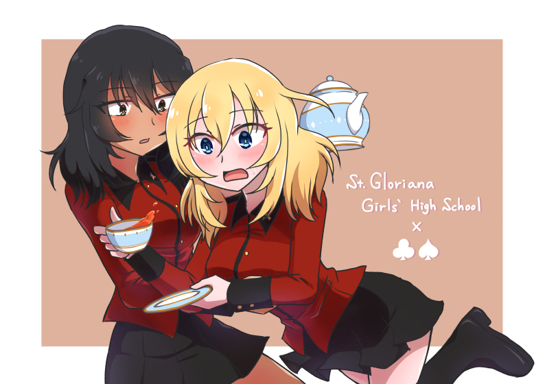 2girls, alternate_costume, andou_(girls_und_panzer), bangs, black_footwear, black_hair, black_skirt, blonde_hair