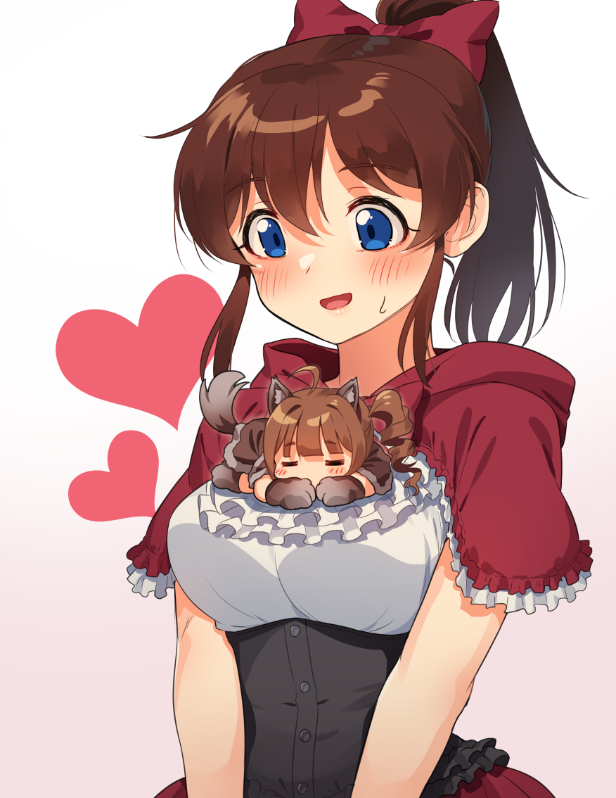 2girls, animal_ears, bangs, big_bad_wolf_(grimm), big_bad_wolf_(grimm)_(cosplay), blue_eyes, brown_hair, capelet