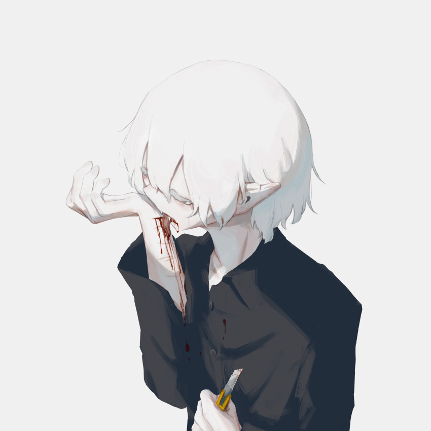 1boy, absurdres, avogado6, black_shirt, blood, boxcutter, closed_eyes, collared_shirt