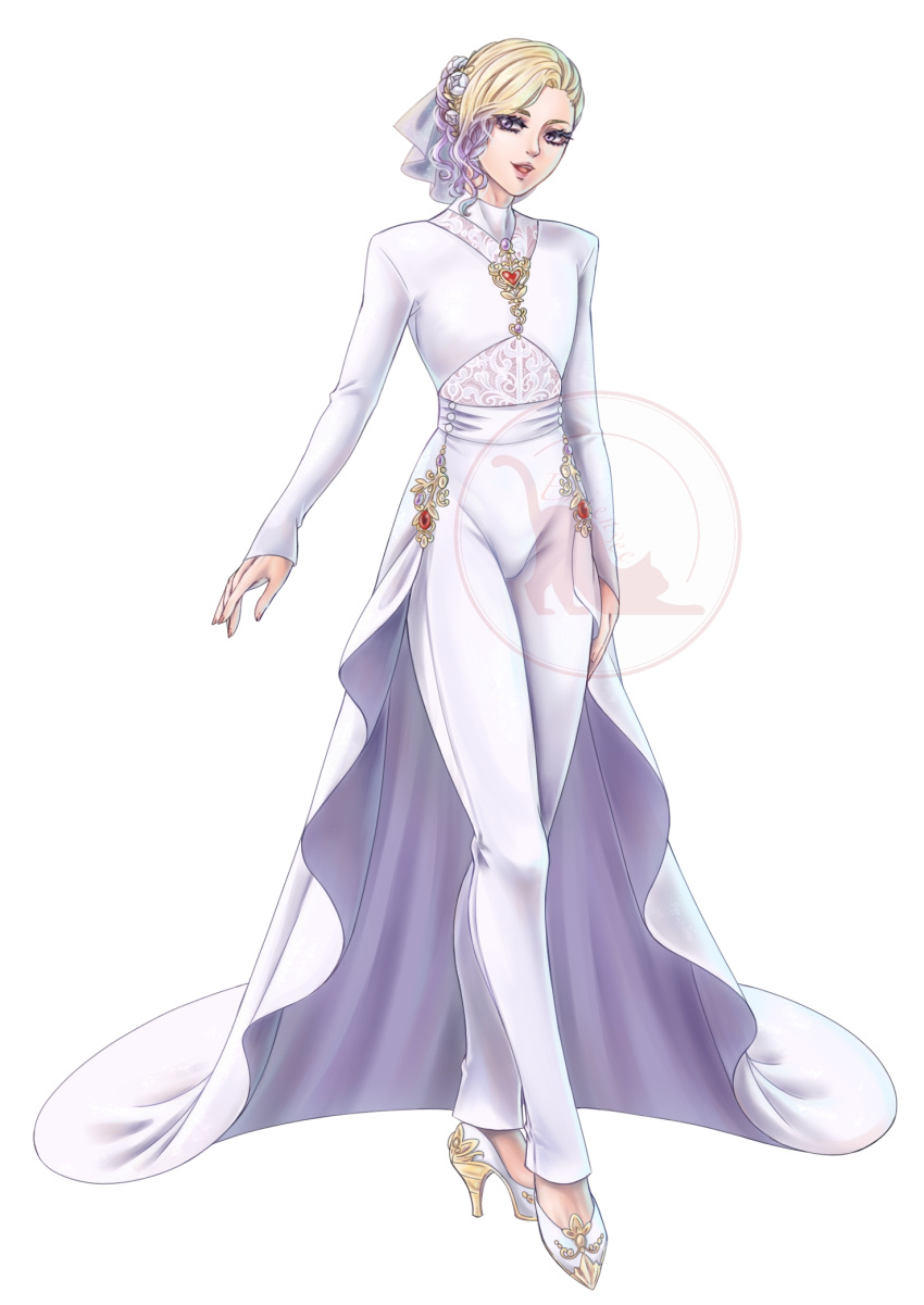 1boy, blonde_hair, bridal_veil, crossdressinging, dress, emienvee2811, eyelashes, full_body