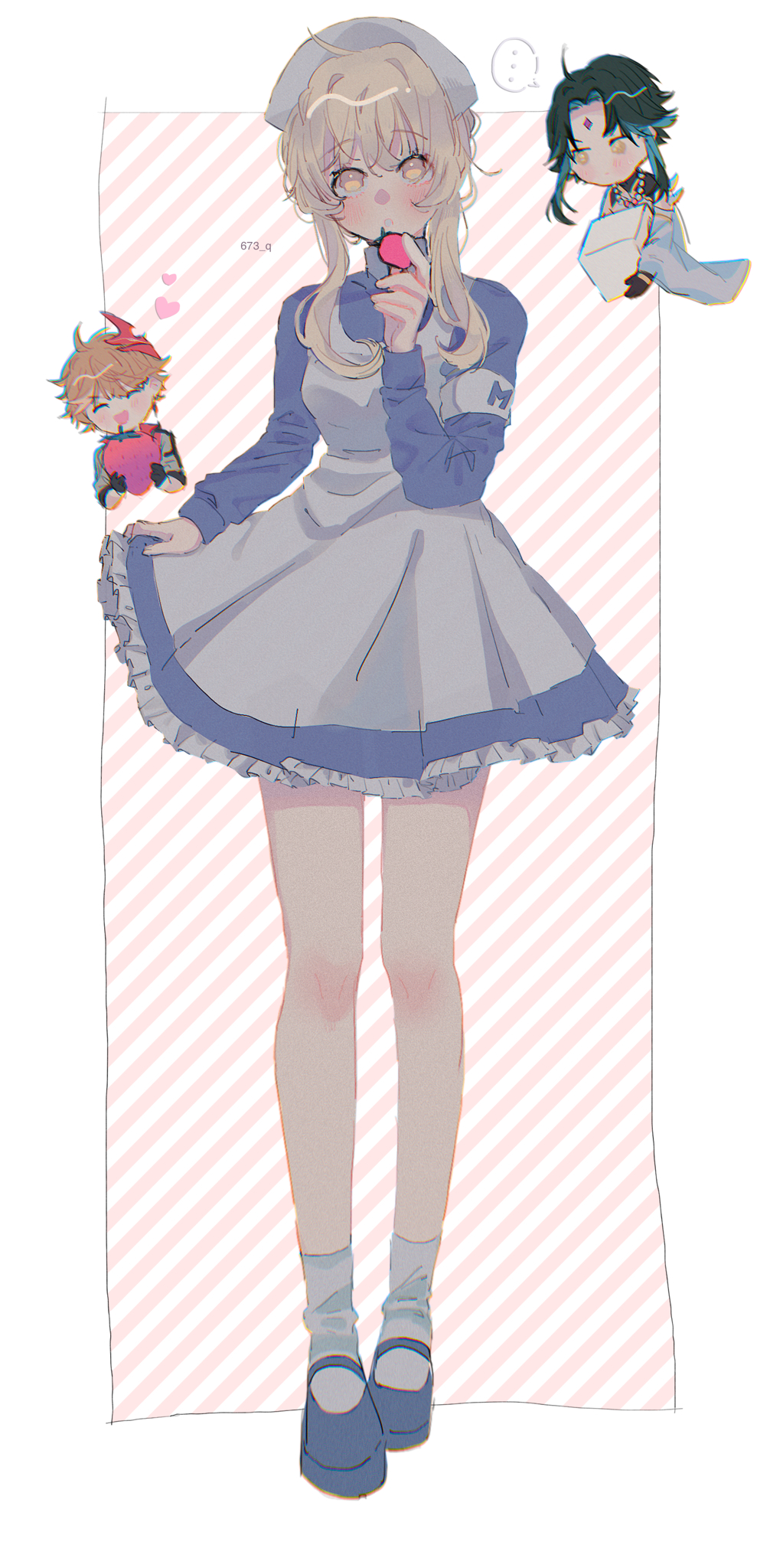 1girl, 2boys, ahoge, alternate_costume, bangs, blonde_hair, coat, food, fruit, genshin_impact, gloves, hair_between_eyes, highres, holding, holding_food, looking_at_viewer, lumine_(genshin_impact), maid, maid_headdress, mask, mask_on_head, multiple_boys, orange_hair, simple_background, strawberry, superdiviatomic, tartaglia_(genshin_impact), white_coat, xiao_(genshin_impact), yellow_eyes
