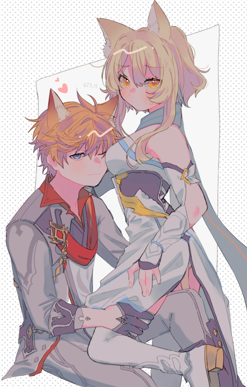 1boy, 1girl, ahoge, animal_ears, bare_shoulders, between_breasts, blonde_hair, blue_eyes