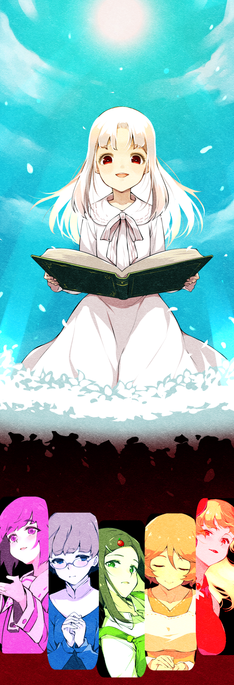 6+girls, :d, bangs, baroque, blue_sky, book, bright_pupils, closed_eyes