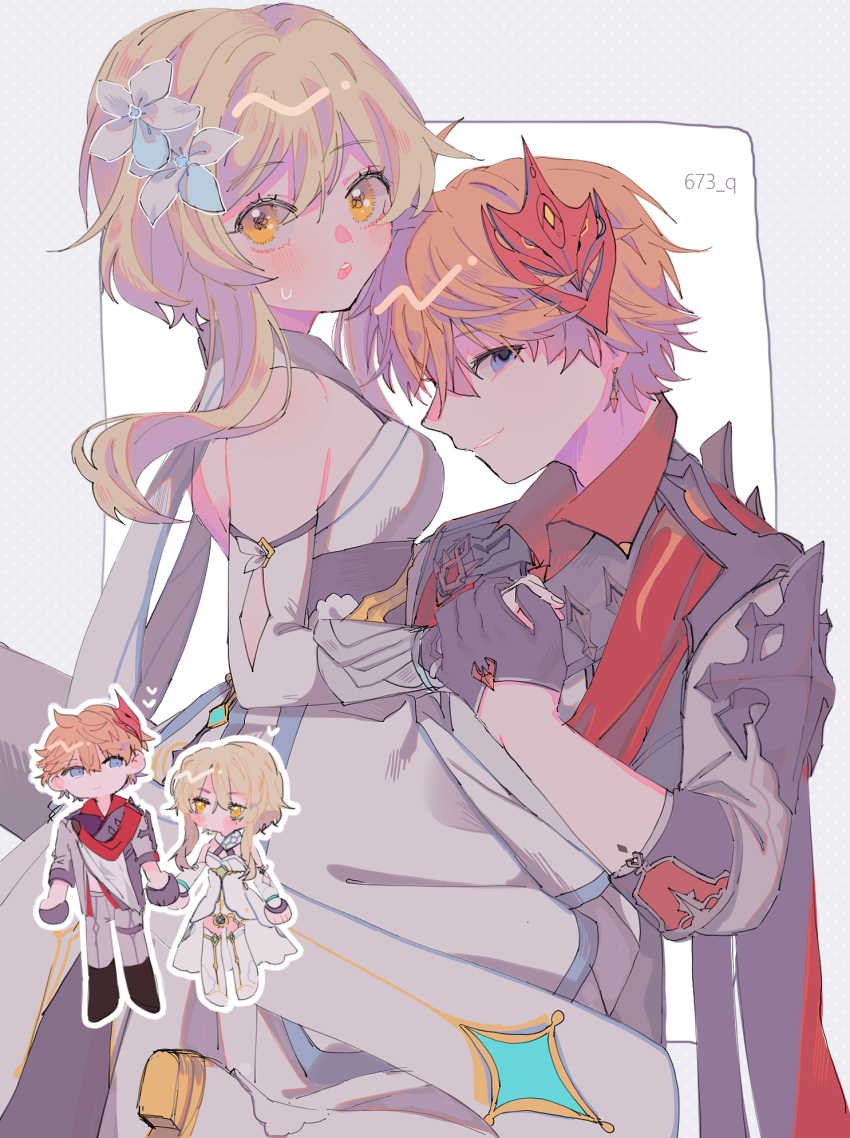 1boy, 1girl, bangs, bare_shoulders, blonde_hair, blue_eyes, blush, capelet