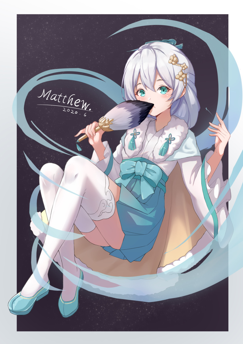 1girl, absurdres, bangs, black_background, blue_eyes, covering_mouth, fan, hair_between_eyes