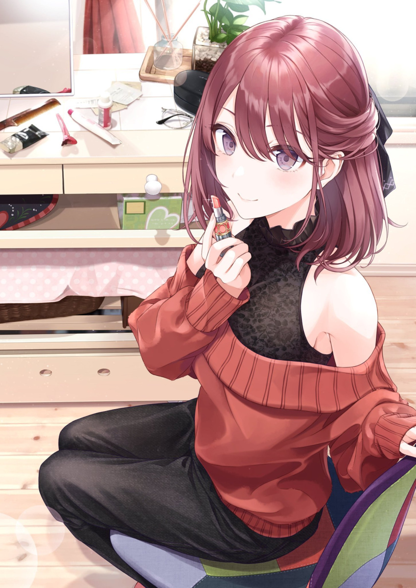 1girl, aroma_stick, bangs, bare_shoulders, basket, black_dress, black_pants, blurry