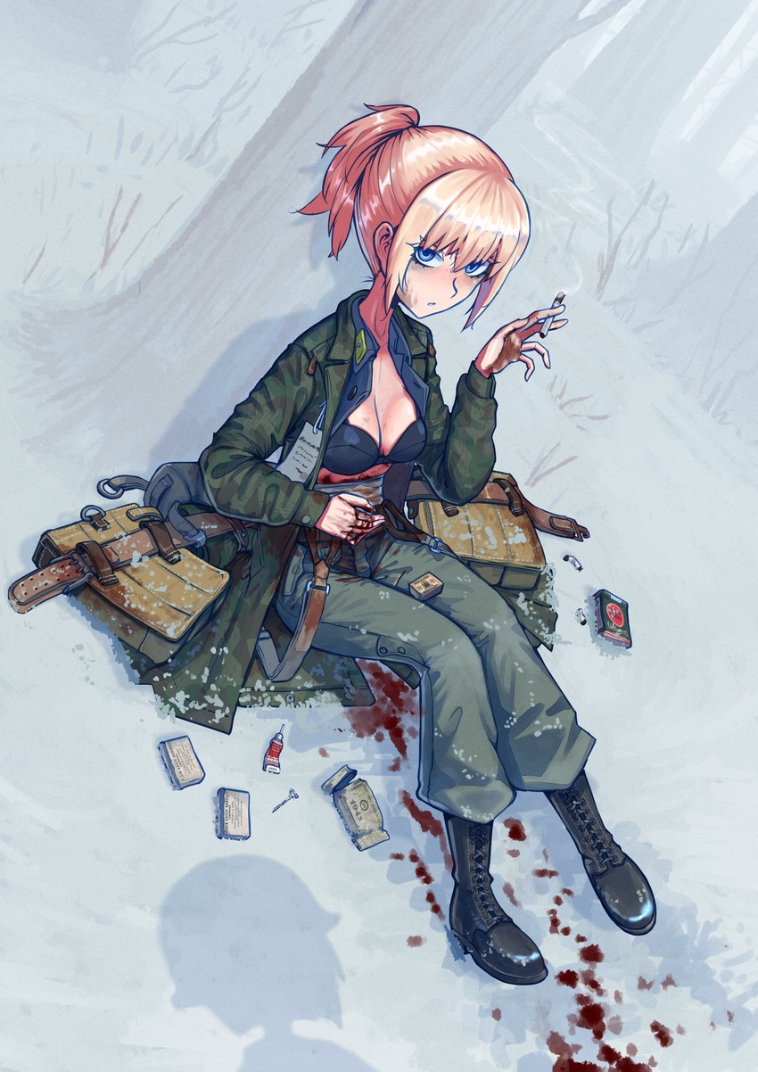 1girl, against_tree, ammunition_pouch, bandages, belt, bleeding, blood, blood_on_snow