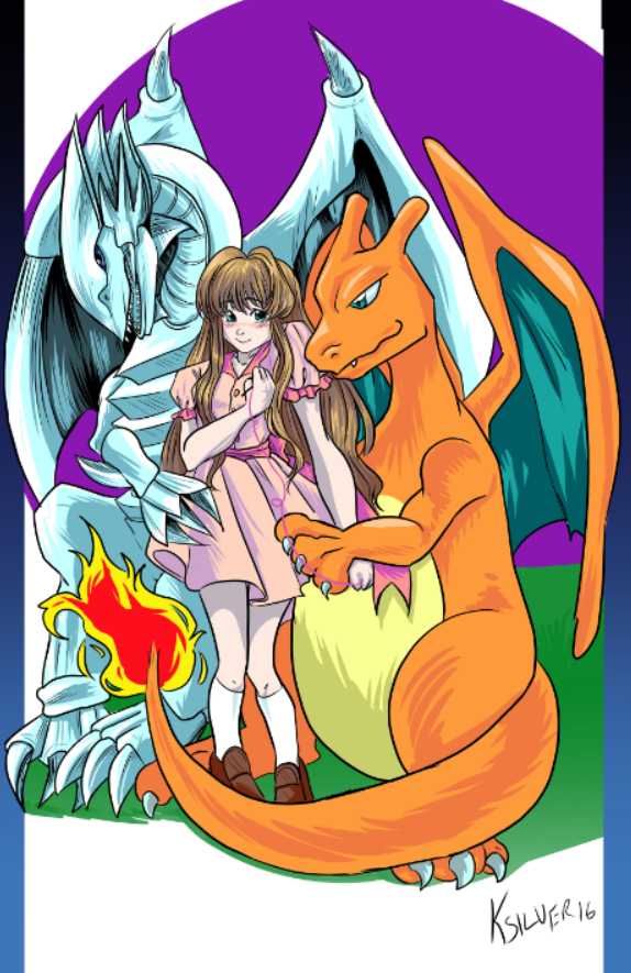 blue_eyes, blue_eyes_white_dragon, brown_hair, character_request, charizard, pink_dress, pokemon, yu-gi-oh!