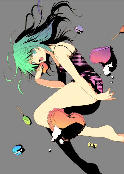 apple, aqua_eyes, aqua_hair, asakura_hayate, barefoot, blue_hair, camisole, candy