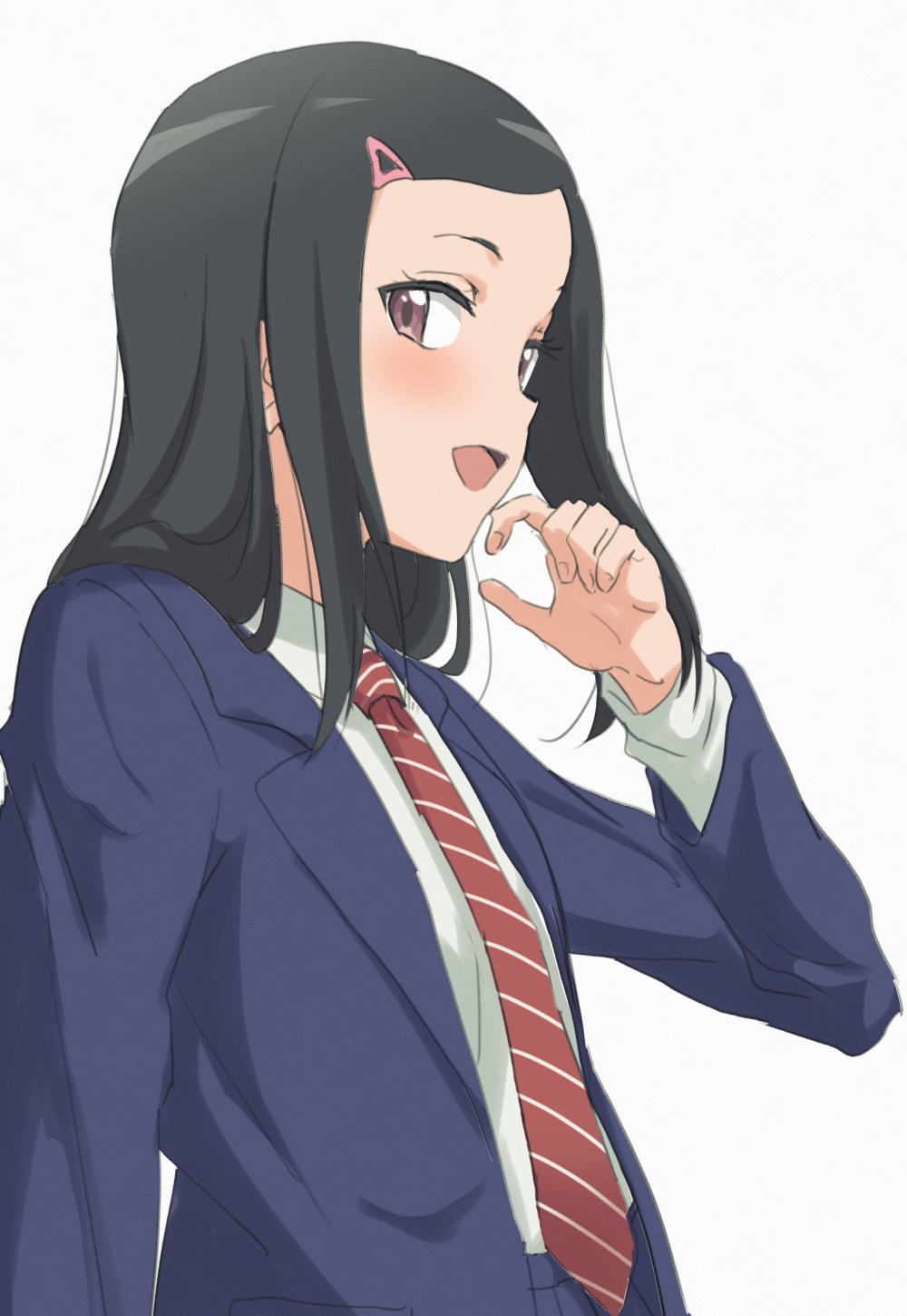 1girl, bangs, black_hair, blush, flat_chest, fujii_chisato, hair_ornament, hair_over_shoulder, hairclip, highres, lapis_re:lights, long_sleeves, looking_at_viewer, major_2nd, necktie, open_mouth, parted_bangs, school_uniform, simple_background, sincos, solo, upper_body, violet_eyes, white_background