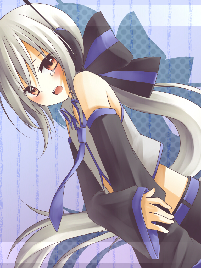 amane_kurumi, amene_kurumi, blush, cute, detached_sleeves, long_hair, necktie, ponytail, red_eyes, silver_hair, solo, tears, vocaloid, voyakiloid, yowane_haku